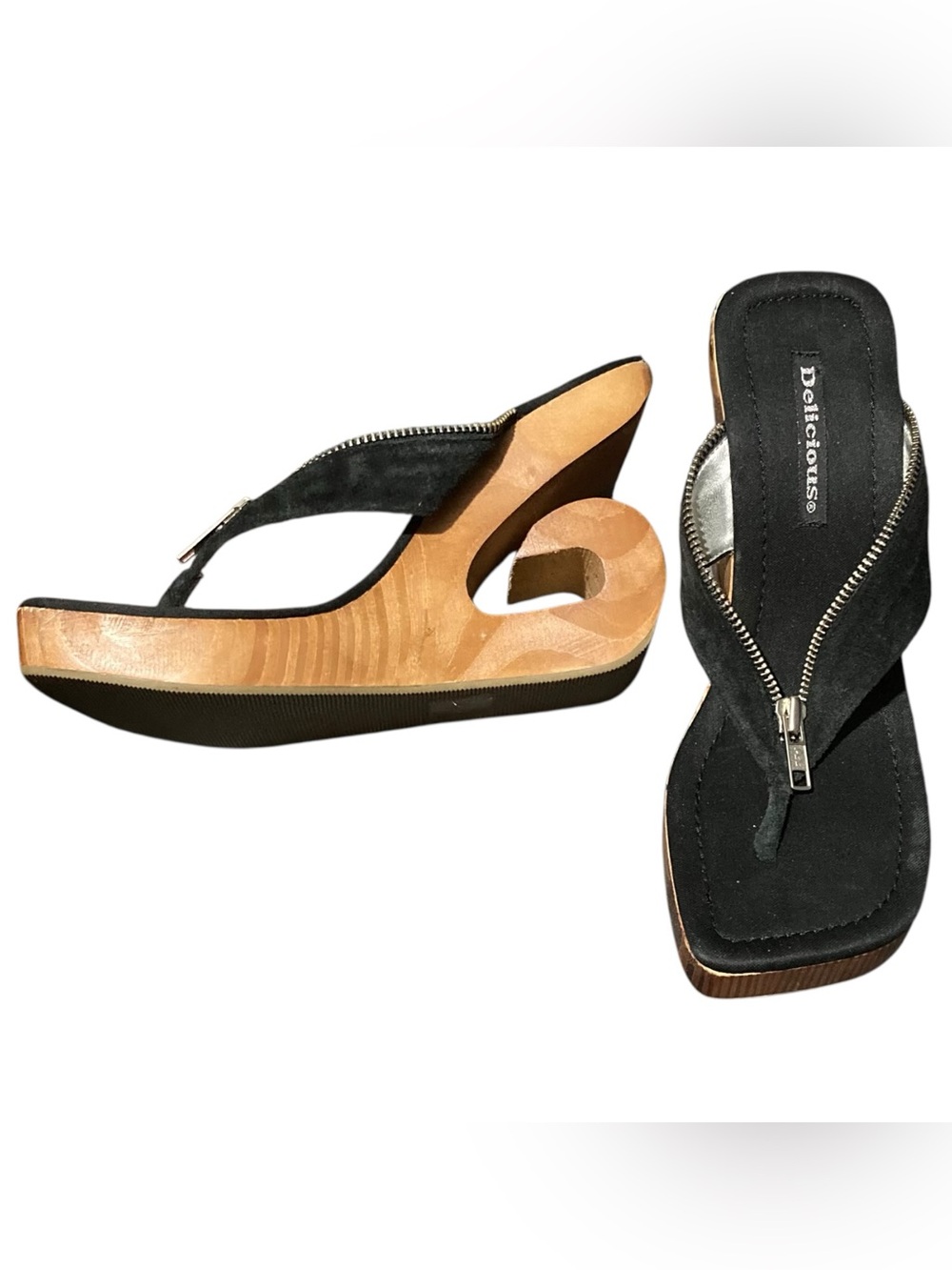 Vintage Y2K Delicious Funky Unique Black Suede Zipper Sandals Wood Wedge - Size